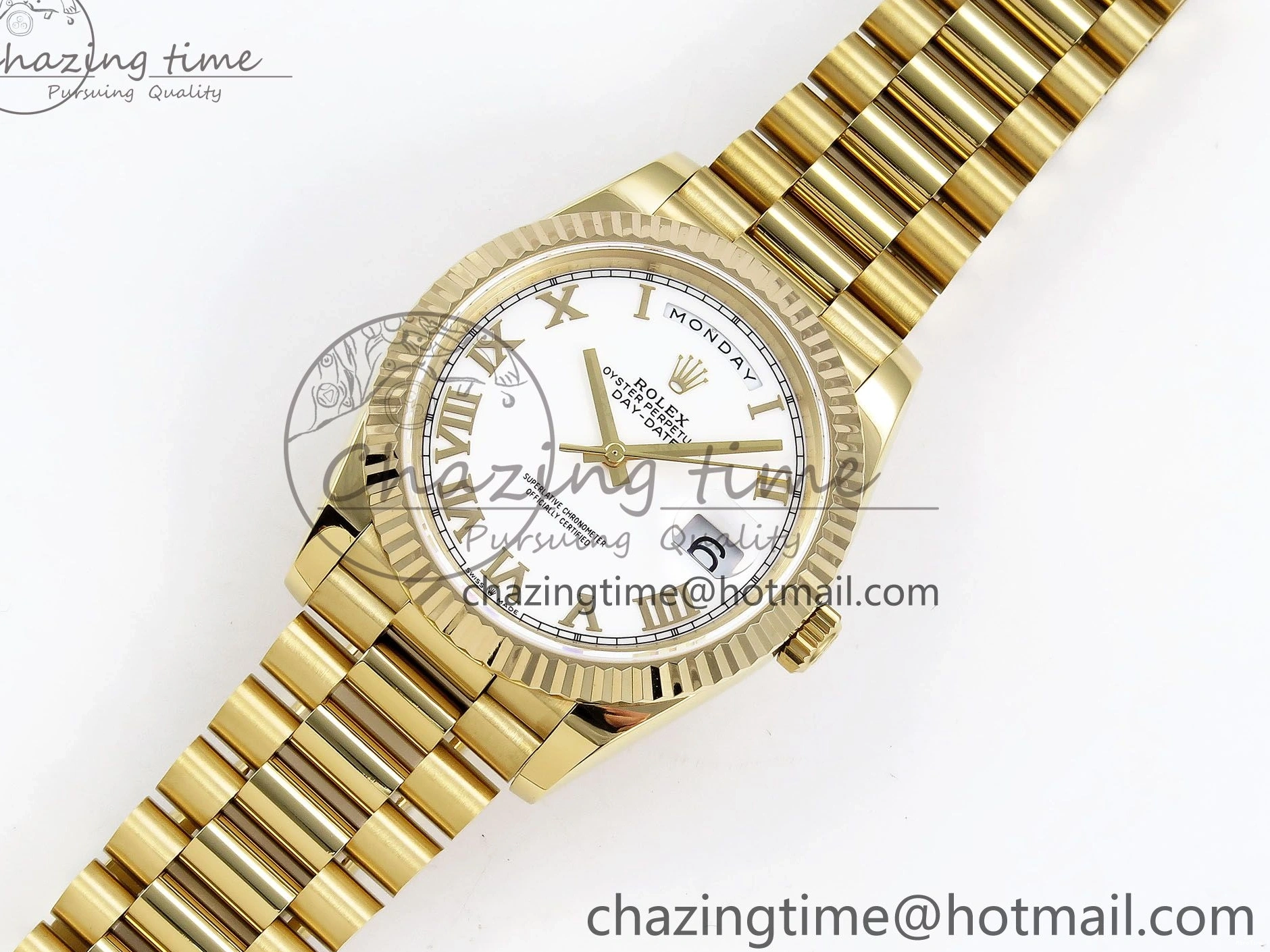 MiroTime 0408 Day Date 40 YG JDF Gain Weight 904L Steel White Roman Dial on President Bracelet VR3255 V Functional 1369